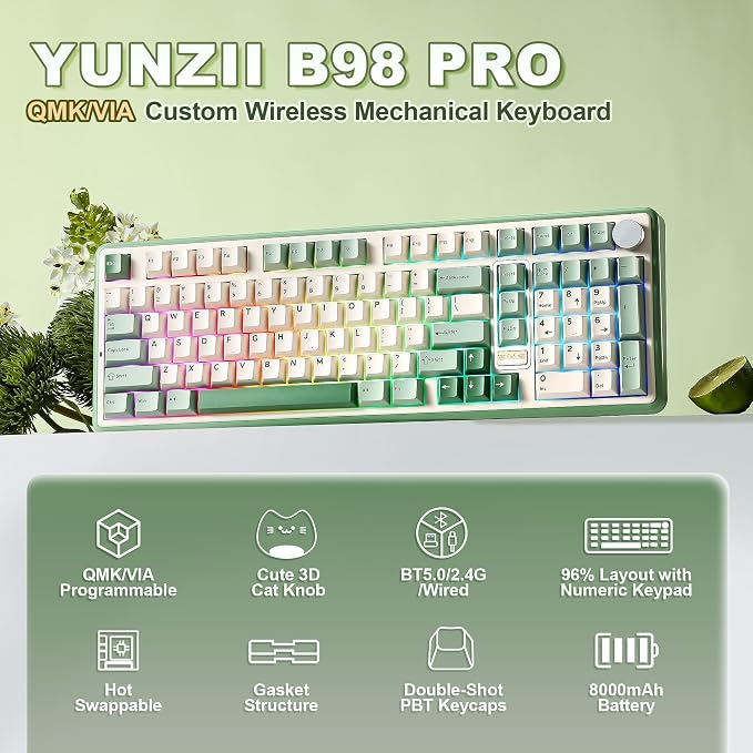 YUNZII B98 PRO 96% Wireless Mechanical Keyboard(Matcha Green, Candy Switch) | QMK/VIA, with Numpad, Dual-Style Knob Design, Creamy Pre-Lubed Switches, Hot Swap, Gasket Mount, RGB for Gaming/Win/Mac - Image 2