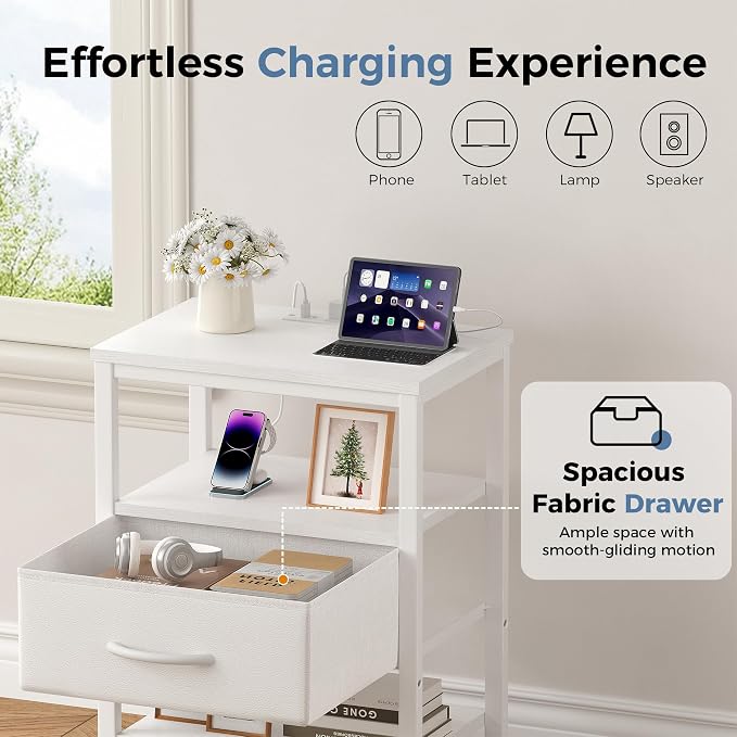 OLIXIS Nightstand with Charging Station, Beside Table with Fabric Drawers | 3-Tier End Table Set of 2 with 2 Storage Shelves,Night Stand with USB Ports and Outlets for Bedroom, White - Image 5