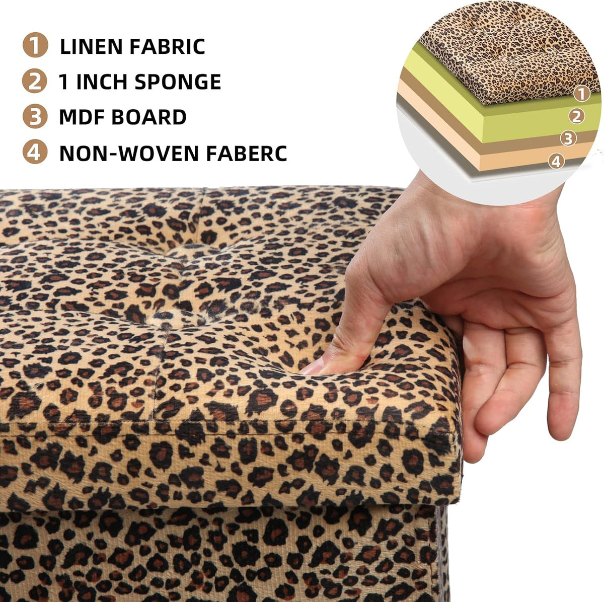 ALASDO Ottoman Storage Ottoman Footrest Stool Foldable Foot Rest Footstool Bench for Living Room 17x13x13inches Leopard Print - Image 4