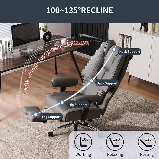 EXCEBET Big and Tall Office Chair 400lbs Wide Seat, Leather High Back Executive Office Chair with Foot Rest, Ergonomic Chairs Lumbar Support for Lower Back Pain Relief (Grey) - Image 5