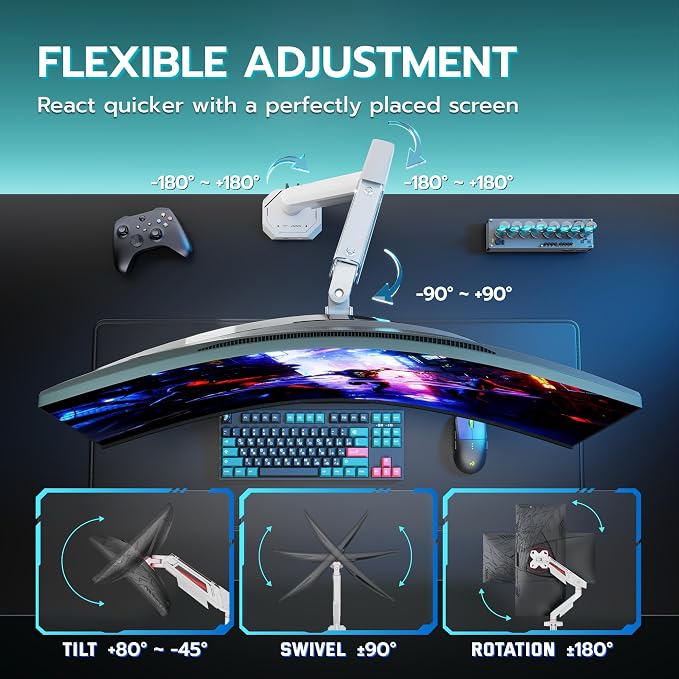 ARES WING 17-40 Inch Heavy Duty Single Monitor Arm with USB, White | Fully Adjustable Monitor Mount for Flat Curved Ultrawide Screens Up to 26.5lbs, C-Clamp & Grommet Base, 75/100 Vesa Mount - Image 3