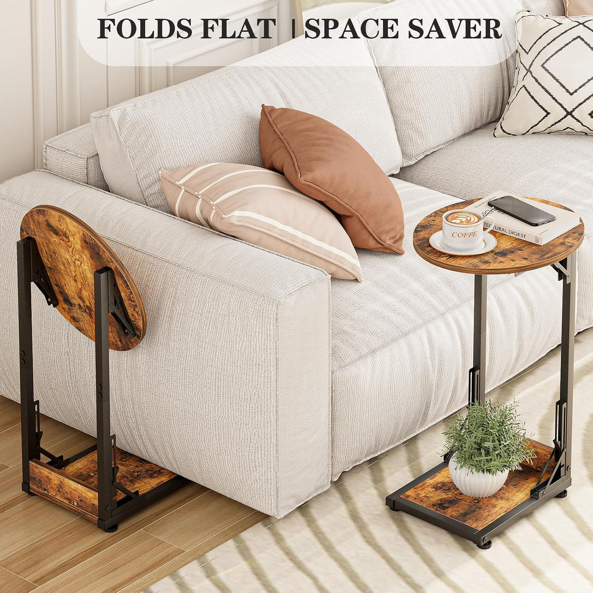 C Shaped Side Table, Folding End Table with Metal Frame, Foldable Table for Eating, Couch Sofa Table,Slide Under TV Tray Table for Living Room, Bedroom, Small Spaces (Brown) - Image 8