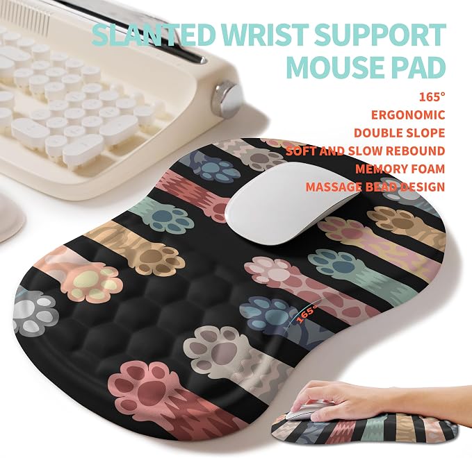 2-in-1 Ergonomic Set, Wave Rise Keyboard Wrist Rest and Massage Bulge Slope Mouse Pad Wrist Support, Cushion Memory Foam Integrated to Relieve Wrist Pain, Multicolour Cat Claws - Image 3