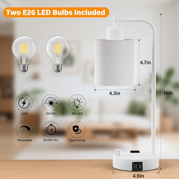 Industrial Table Lamps with Linen Shade, Set of 2 Fully Dimmable Bedside Lamps with USB A+C Ports and Outlet, White Nightstand Desk Lamps for Bedrooms Living Room Office, 2 LED Bulbs Included - Image 3