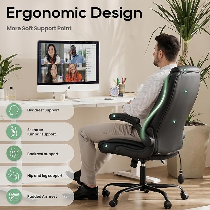 MALOL Leather Office Chair with Adjustable Lumbar Support Set of 2, Black | Computer Desk Chair with Thick Cushion, Flip-Up Arms and Ergonomic Back, Comfy Executive Office Chair for Home Office Gaming - Image 7