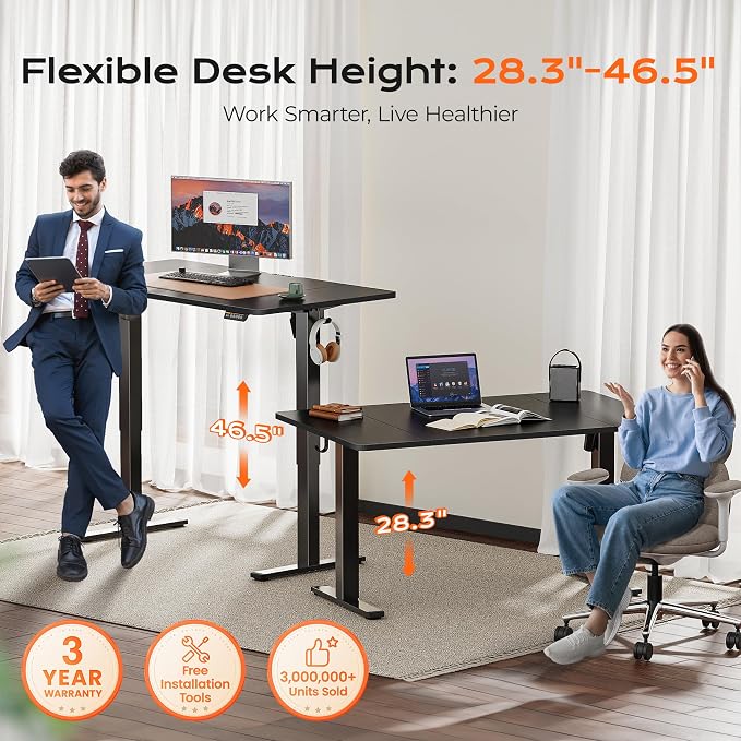 Huuger 55 x 28 Large Electric Standing Desk, Height Adjustable Computer Desk, 27.6" Deep Desktop, Stand up Gaming Office Table with 2 Hooks, 3 Preset Heights, for Home Office, Black, ACD134B - Image 3