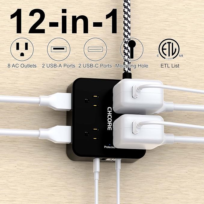 Surge Protector Power Strip - CHCORE 5Ft Braided Extension Cord with 8 Outlets with 4 USB (2 USB C) Charging Ports, Flat Plug Multi Plug Outlet Extender Charging Station for Home Office, ETL, Black - Image 2
