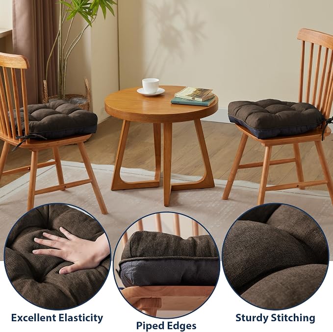 IASEAHK Chair Cushions for Dining Chairs, Seat Cushions for Kitchen Chairs, Indoor Seat Cushions with Ties, Tufted Foam Chair Pads, Non Slip Chair Cushions Set of 4, 15.5" x 15.5" x 4", Brown - Image 5