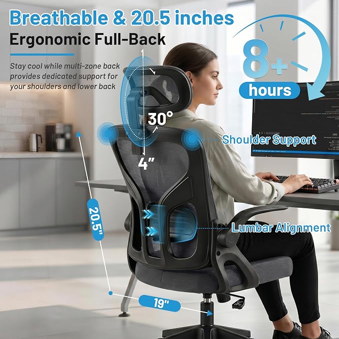 Office Chair Ergonomic Desk Chair with Adjustable Headrest Lumbar Support, High Back Breathable Mesh Chair with 120° Tilt & Flip-Up Armrests, Swivel Comfy Task Computer Chair for Work, Study - Image 4
