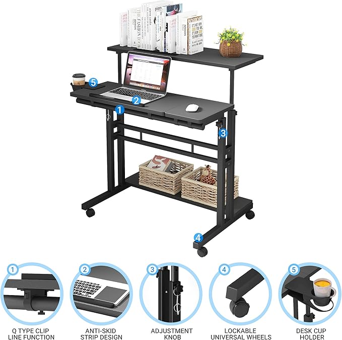 Mobile Standing Desk, Adjustable Rolling Computer Desk with 3 Desktops, Portable Laptop Table with Cup Holder, Home Office Laptop Workstation on Lockable Wheels, Black | Triple desktops, cup holder, lockable wheels, portable workstation, for home office - Image 6