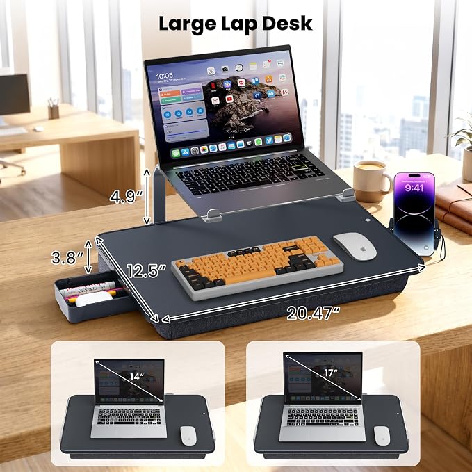Large Adults Lap Desk for Laptop with Phone Holder & Storage Drawer | Laptop Stand for Bed Fits up to 17" Laptops & MacBook, Pillow Lap Desks for Adults with Cushion for Bed & Couch, Black - Image 2