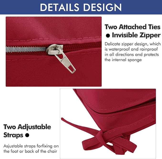 Outdoor Chair Cushions Set of 2, 24 x 24 x4 Inch Deep Seat | 3 Year Color Fastness Thick Patio Chair Cushion with Ties for Garden Lawn Sofa Couch, Burgundy - Image 8