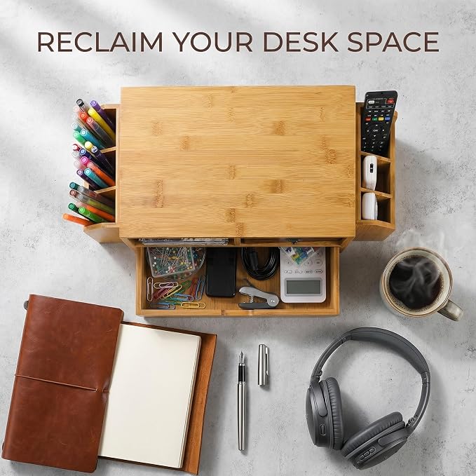 Hiceeden 2 Tier Bamboo Desktop Organizer, Desk Monitor Stand Riser with 1 Drawer and 2 Pen Holder, 2 Compartment Computer Desk Storage Organizer for Laptop, Printer - Image 8