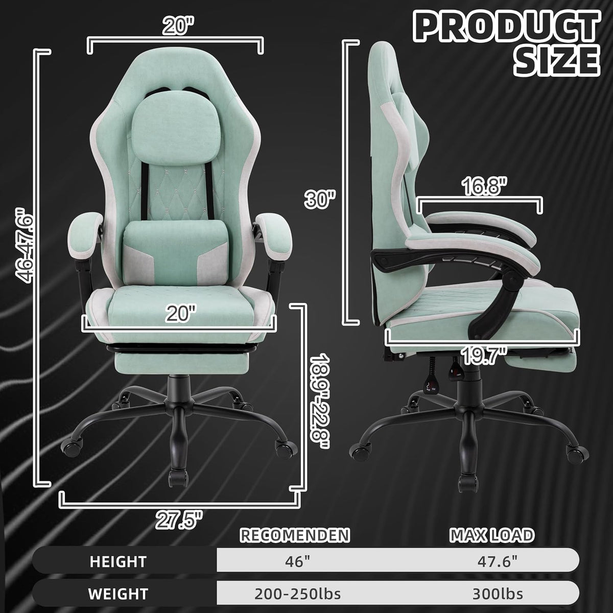 Gaming Chair for Adults, Fabric Gaming Chair with Footrest and Pocket Spring Cushion, Ergonomic Gamer Chair with Lumbar Support, Reclining Computer Gaming Chair with High Back, Light Green - Image 3