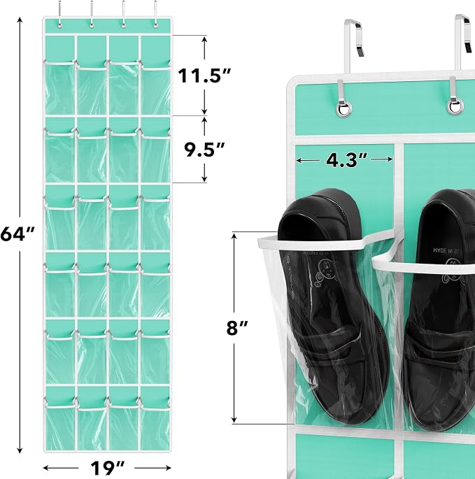Simple Houseware 24 Pockets Clear Over the Door Shoe Organizer, Turquoise | 64" x 19", 4 Durable Metal Hooks, 4.3" x 9.5" Pocket Size, Multipurpose - Image 2