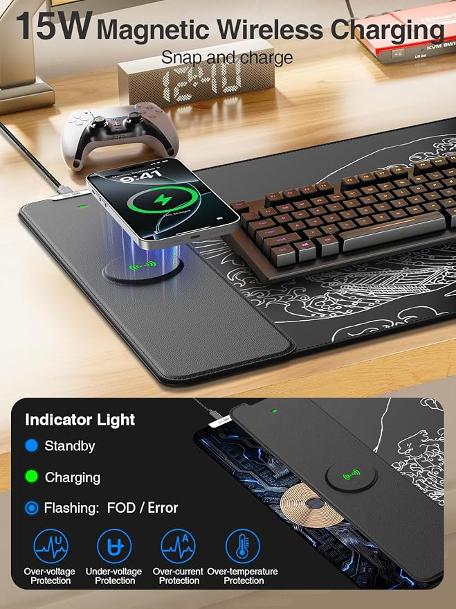 Magnetic Wireless Charging Mouse Pad, 31.5"x15.8" Large Desk Mat | Waterproof Mousepad, Smooth Glide, Stitched Edge, Non-Slip Rubber Base, Desk Pad Computer Keyboard Mat, No Adapter - Image 2