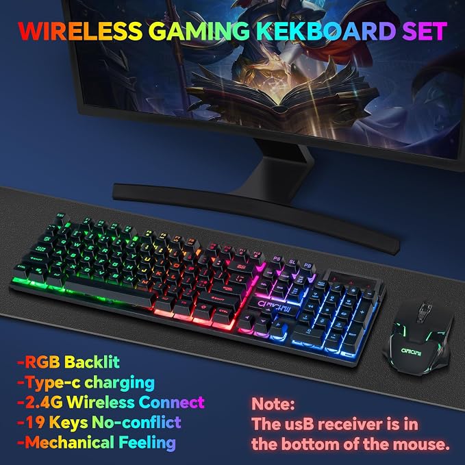 CHONCHOW USB Wireless Gaming Keyboard and Mouse Combo, RGB Backlit, 2.4GHz | LED Ergonomic Mechanical Feeling Keyboard, Rechargeable 2500mAh Battery, Anti-ghosting Keyboards 7D 3600DPI Mice for PC Gamer - Image 2