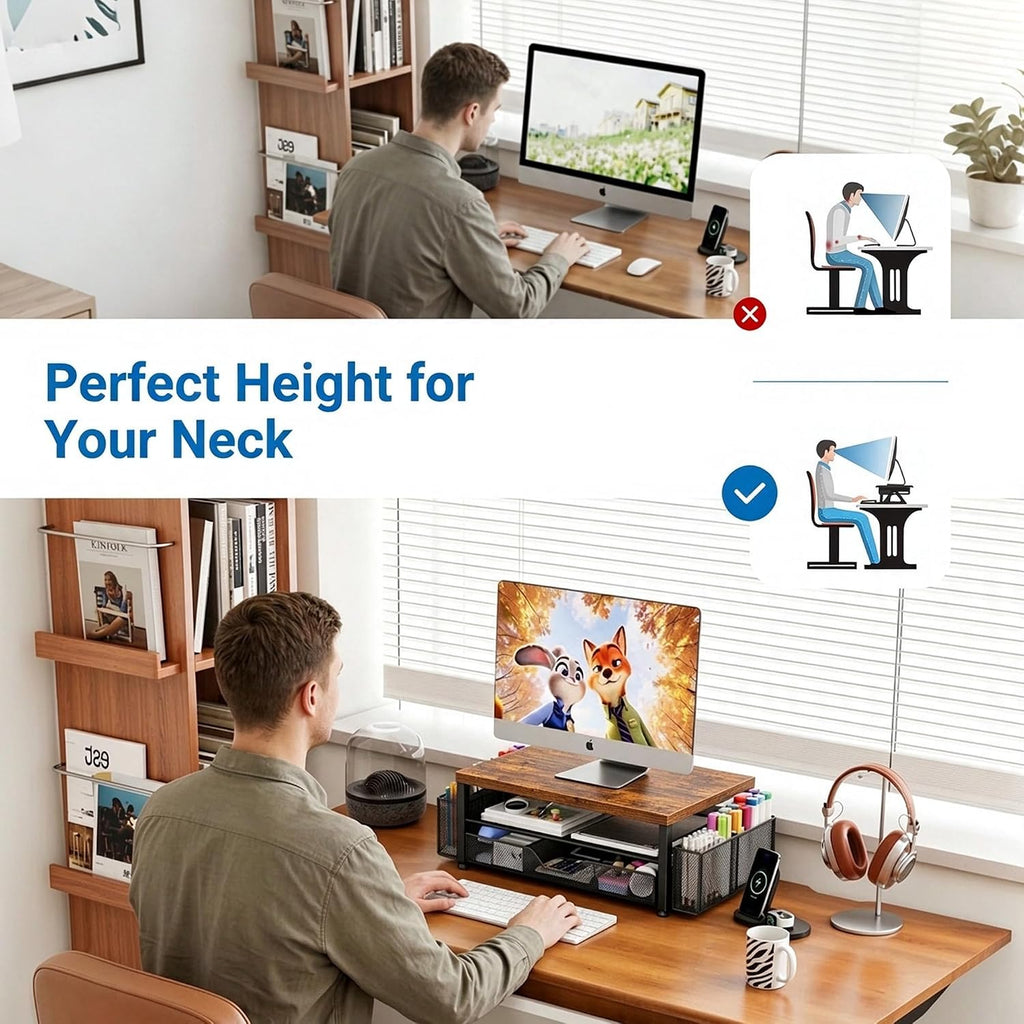 Desk Organizer, Monitor Stand Riser with Drawer and 2 Pen Holders - Image 4