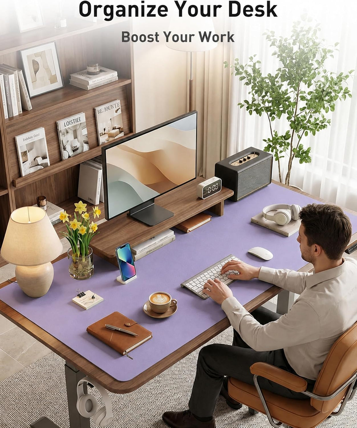Aothia Faux Leather Desk Mat Mouse Pad, 40" x 24", Light Purple - Image 4