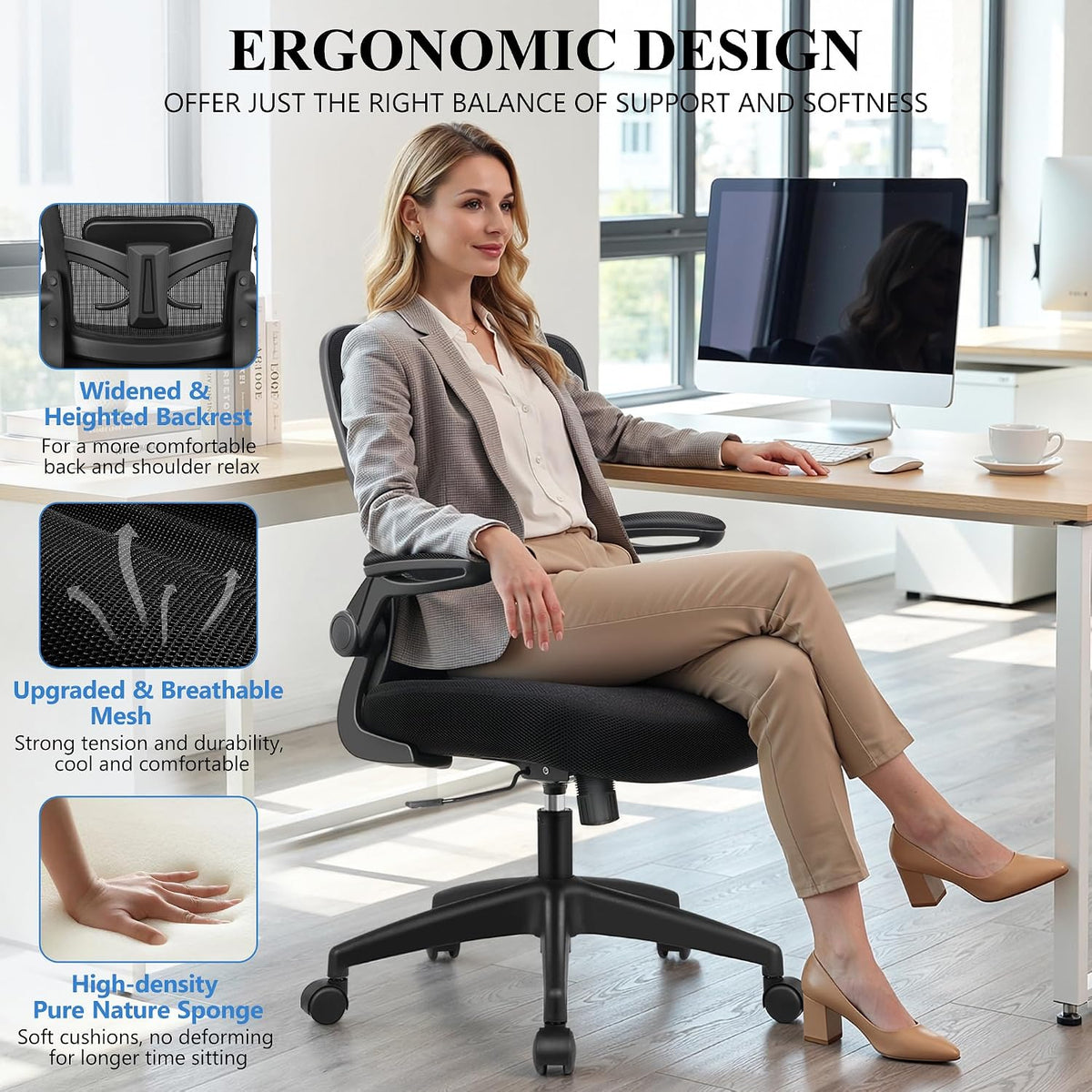 FelixKing Office Chair, Ergonomic Desk Chair Breathable Mesh Chairs with Adjustable High Back Lumbar Support Flip-up Armrests, Executive Rolling Swivel Comfy Task Computer Chairs for Home Office - Image 5