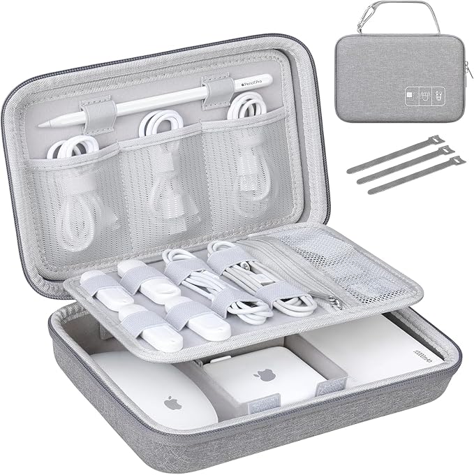 Lacdo Hard Travel Electronic Organizer Case for MacBook Power Adapter Charger, Cables, Apple Pencil, Mouse, Power Bank, USB Flash Disk,SD Card Small Protective Portable Accessories & 3 Cable Tie, Gray by Lacdo