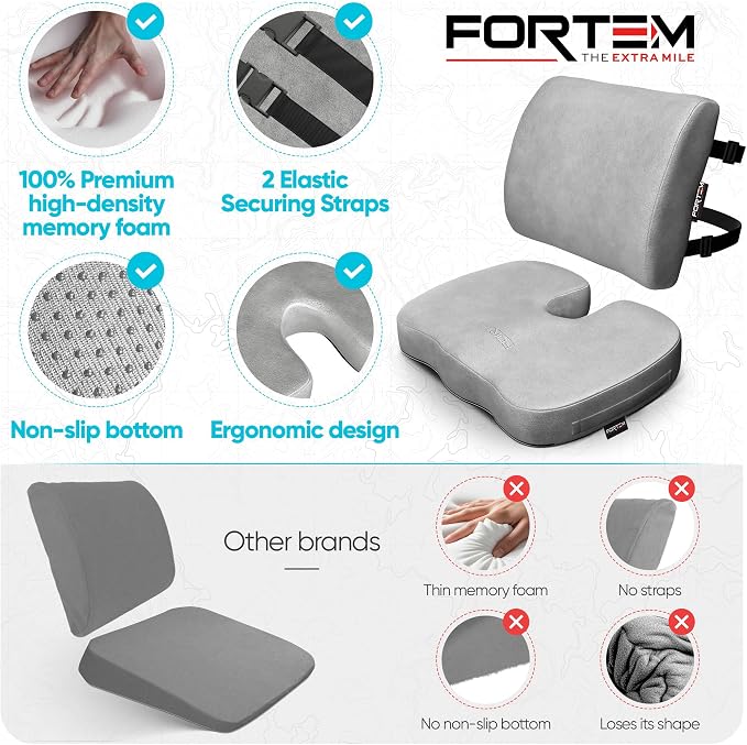 FORTEM Seat Cushion & Lumbar Support for Office Chair, Wheelchair, Car | Memory Foam | Ergonomic Design | Washable Cover | Non Slip | Grey - Image 7