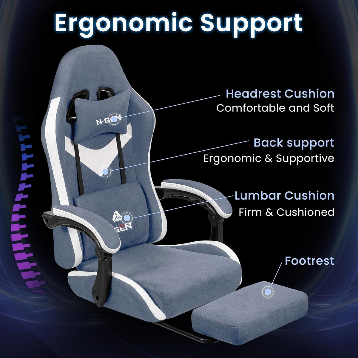 N-GEN GAMING Gaming Chair, Lumbar Support with Breathable Fabric, Blue - Image 5