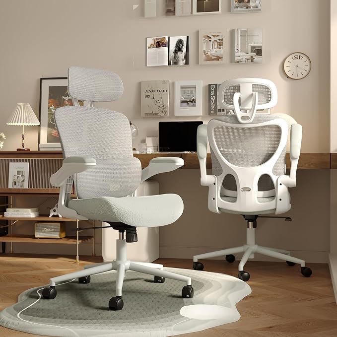 SUNNOW Ergonomic Office Chair, Comfy Mesh Desk Chair, High Back Computer Gaming Chairs with Adjustable Lumbar Support, Flip-Up Arms, Headrest, Tilt Function, Wide Cushion, Swivel Rolling Wheel (Grey) - Image 2