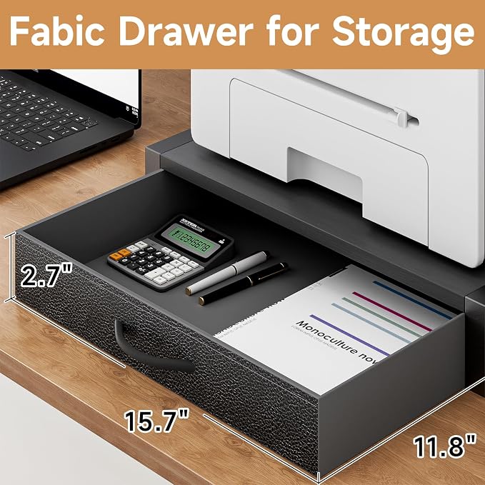 YAOHUOO 2-Tier Desktop Printer Stand with Fabric Drawer,17.3"x11.8" Black | Printer Table with Storage Shelf,Desk Organizer for Home Office,Fit Printer,Fax Machine,Scanner,Space Saving for Two Monitors - Image 4