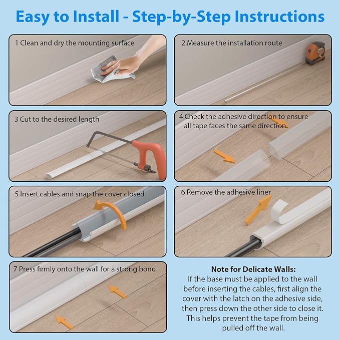 ZhiYo 85in Corner Cable Hider for 2 Cords, Hide Wires in Wall Corners White | Self-Adhesive Cable Concealer, 5 Pack (17" Each), Quarter Round Cable Management Raceway for Baseboards & Ceiling Corners - Image 5