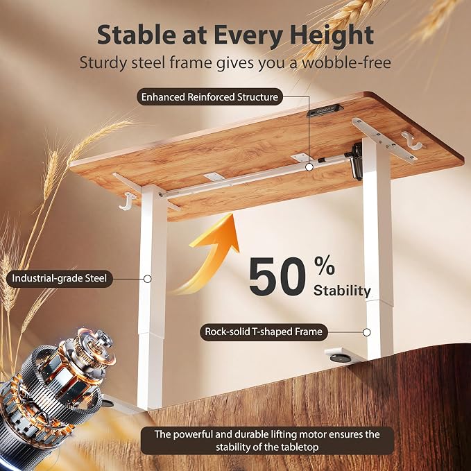 Cubiker Standing Desk, 63x28 Inches Sit Stand Home Office Desk, Electric Stand up Desk, Adjustable Desk with Splice Board, White Frame/Light Rustic Top - Image 5