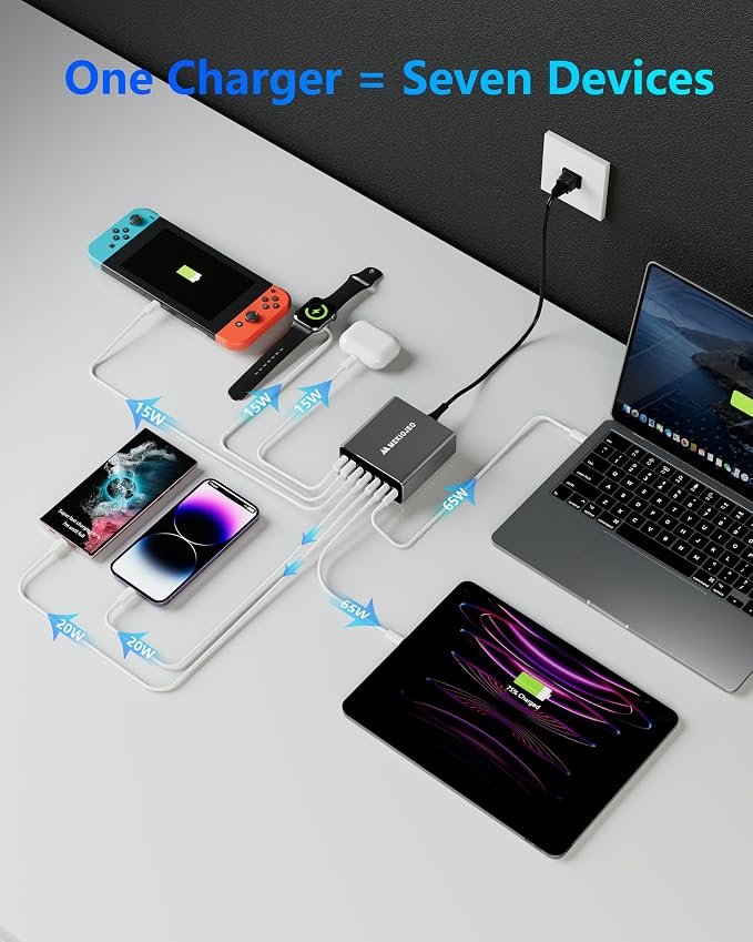 MEKIOJEO Aluminum Alloy 260W USB C Charger GaN Fast USB C Charging Station | 7 Ports 65W Laptop Charger for MacBook Pro/Air/iPad Pro/iPhone - Image 4