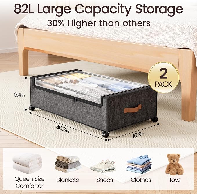 Yecaye 82L Under Bed Storage Containers, Fits 9.4" Under Bed, 2 Pack, Grey | XXL Capacity, 360° Rolling Wheels, Sturdy Metal Frame, Clear Window & Label, Storage Bins for Clothes, Blankets, Shoes - Image 2