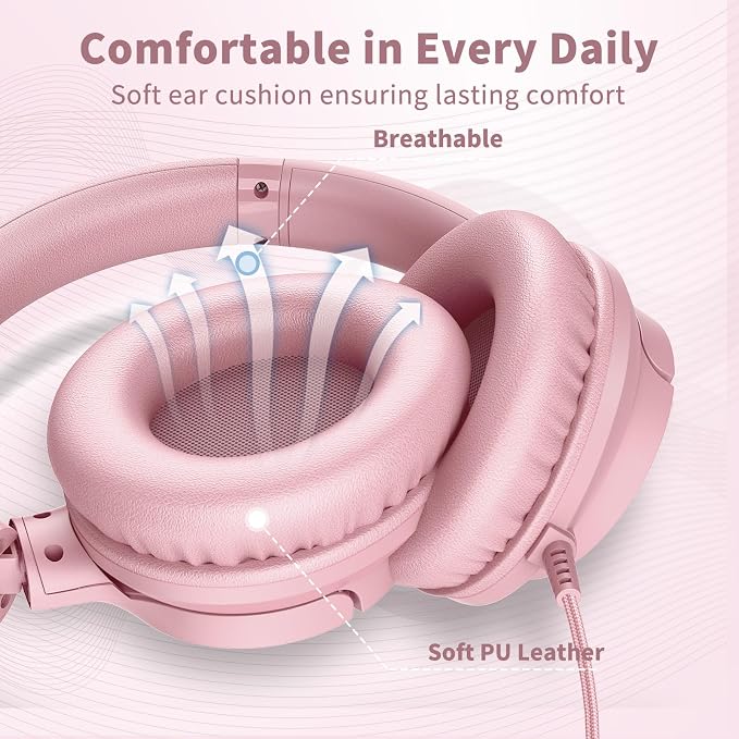 Botesty Sound Wired Headphones with Microphone, Over Ear 3.5mm Plug in Headphones with 4.9ft Tangle-Free Nylon Cord for Tablet, Laptop, MP3/4, School, Airplane Travel (Pink) - Image 5