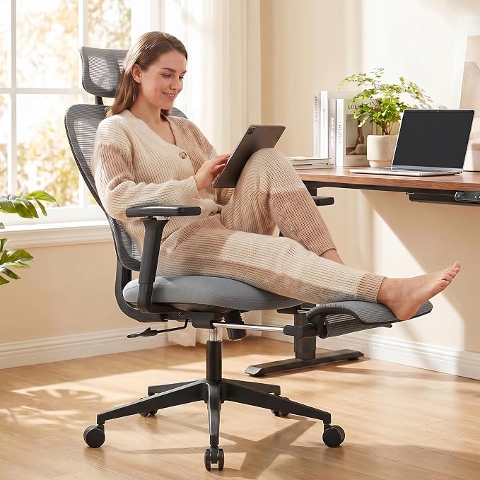 Ergonomic Office Chair with Footrest and Dynamic Lumbar Support, Grey | Reclining high-back computer chair, memory foam seat, 4D armrests, 2D headrest, mesh desk chair for home office, long hours - Image 2