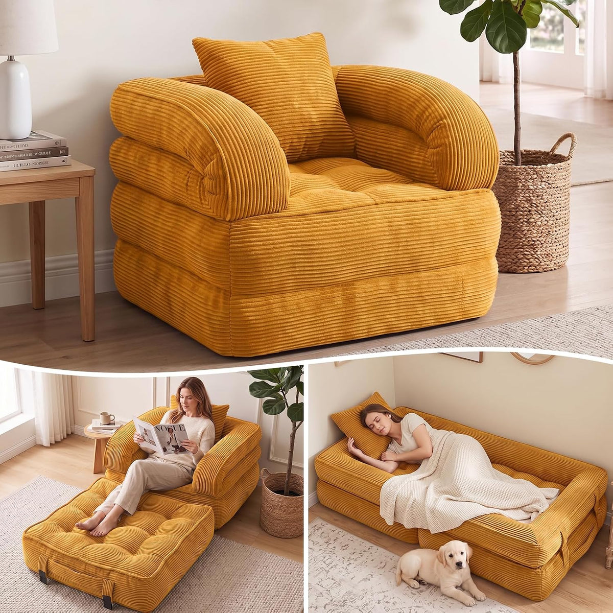 Folding Sofa Bed, Convertible Sleeper Chair, Corduroy Boneless Couch by CUBIOU
