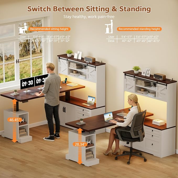 71" LED L Shaped Standing Desk with Hutch and Drawers White | Farmhouse Adjustable Corner Desk, Sit Stand Office Deskwith 4 AC Outlets & Type C, Executive Computer Desk with Cabinet - Image 3