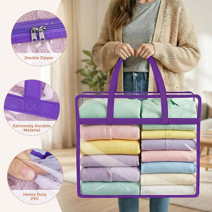 6 Pack Clear Storage Bags for Clothes, 45L Closet Organizers and Storage | Plastic storage with zipper and handle, moving bags, under-bed storage, closet organizer for blankets, comforters, toys - Image 3