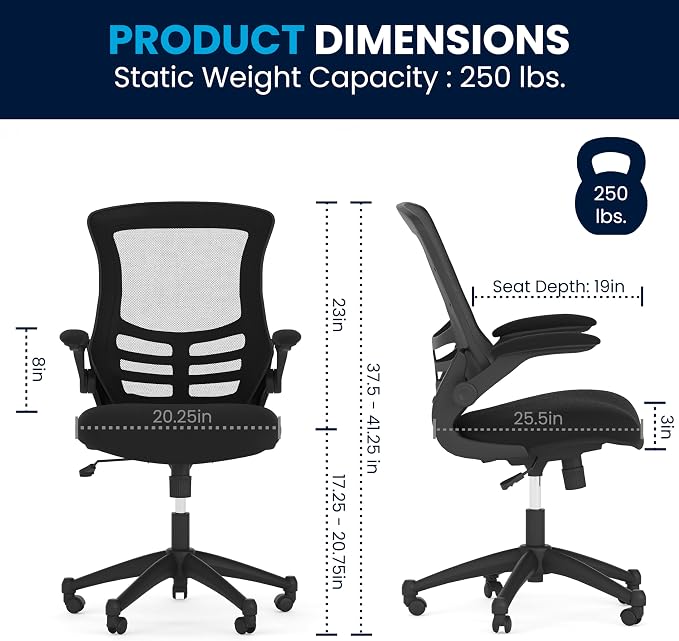 Flash Furniture Mid-Back Black Mesh Swivel Ergonomic Task Office Chair with Flip-Up Arms - Image 3