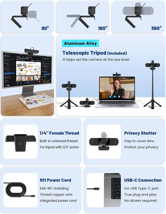 Pro QHD 2K/60fps Webcam with Tripod, External USB-C Camera for PC/Laptop | Dual noise-cancelling mics | Auto-focus | Wide-angle | Low-light correction | 360° rotation | CMOS sensor | Plug and Play - Image 3