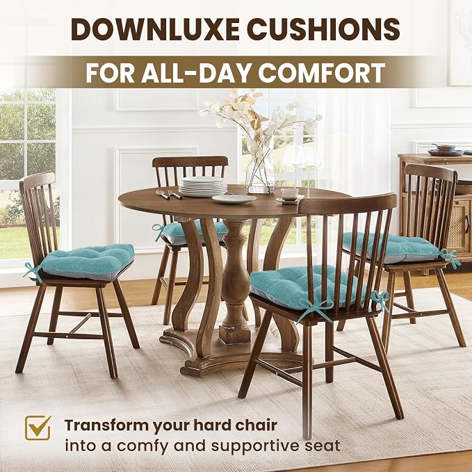 downluxe Indoor Chair Cushions for Dining Chairs, Tufted Overstuffed Textured Kitchen Chair Pads with Ties and Non-Slip Backing, 15.5" x 15.5" x 4", Aqua Blue, 4 Pack - Image 6