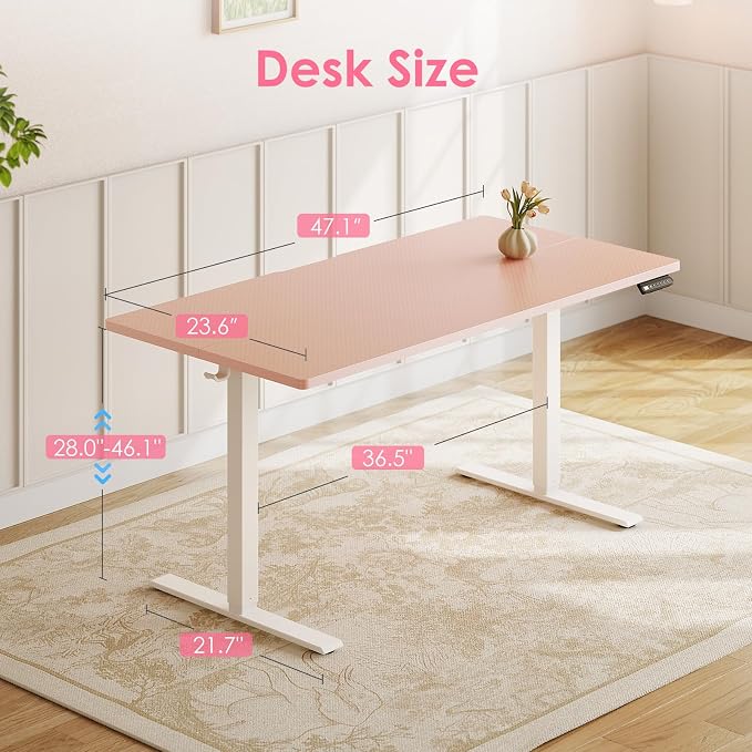 48" Pink Electric Standing Desk Height Adjustable for Home Office | 3 Memory Presets, Rear Cable Notch, Dual Side Hooks, Stand Up Desk for Bedroom, Study room, Home Office and Vanity Space - Image 3