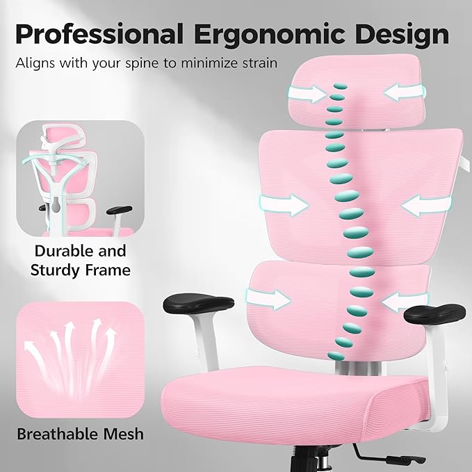 Ergonomic Office Chair High Back Desk Chair with Lumbar Support, Breathable Mesh Computer Chair with Adjustable Armrests Height, Reclining Swivel Big and Tall Gaming Chair for Home Office(Pink) - Image 6