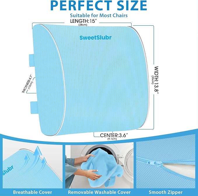 SweetSlubr Lumbar Support Pillow for Office Chair(Light Blue,XL) | 4.7" Thick, Memory Foam, Adjustable Straps, Machine Washable Mesh Cover, Lower Back Pain Relief for Office, Car & Gaming - Image 2