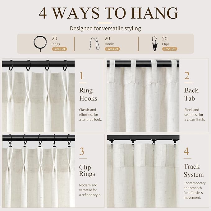 Hokibero Natural Pinch Pleated Linen Curtains 58 Inch Long for Living Room | Ivory Light Filtering Semi Sheer Curtain,Back Tab Hooks Rings,Farmhouse Textured Privacy Drapes for Bedroom Window,2 Panels - Image 4