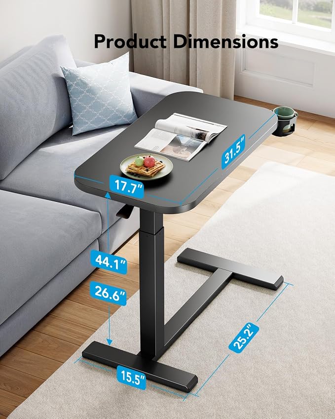 HUANUO 32Inch Bedside Table with Wheels, Height-Adjustable Rolling Computer Cart, Overbed Table with Cup Holder, Pneumatic Laptop Standing Desk for Home Office, Black - Image 8