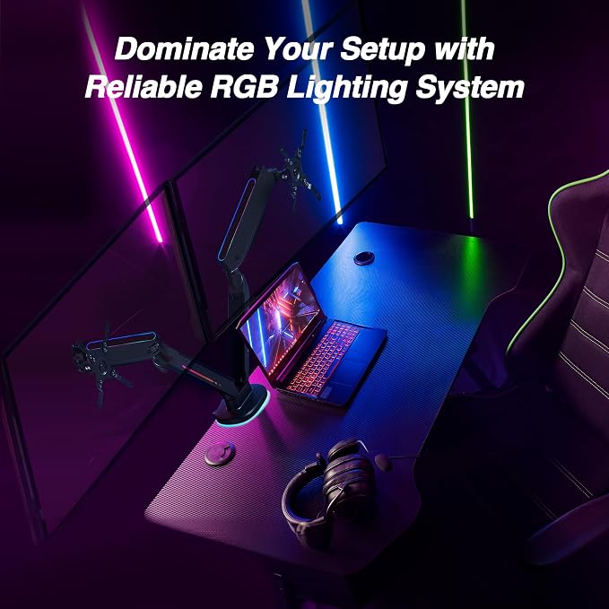 AVLT RGB Gaming Dual Monitor Arm Desk Mount for 27-43" Screens - Black | Built-in 20 Lighting Modes Touch Button Control Fits Flat/Curved/Ultrawide Screen Height Swivel Tilt Rotation Adjustable - Image 9