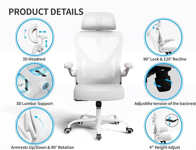 Ergonomic Office Chair: Mesh Desk Chair Comfy with Headrest& Lumbar Support | Ergalithic Big and Tall Office Chairs with Wheels & Flip-Up Arms-Computer Gaming Chairs for Adults Home Office Chairs(White) - Image 9