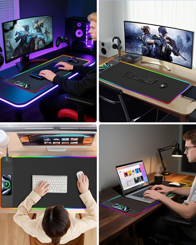 RGB Gaming Mouse Pad with 15W Magnetic Wireless Charging, 31.5"x15.7" | Large Desk Mat, 15 Lighting Mode, Ultra-Smooth Surface, Non-Slip Mousepad, Waterproof Computer Keyboard Pad for Gamer, Black - Image 9
