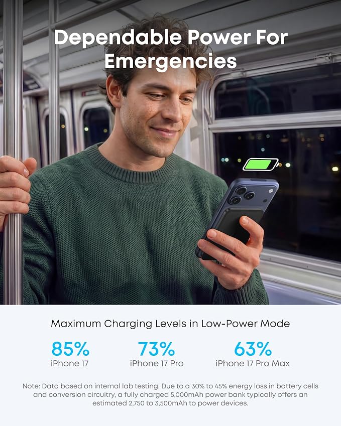 Anker Nano Magnetic Power Bank, 5,000mAh Qi2-Certified 15W Portable Charger | Ultra-Slim Wireless Battery Pack with Ergonomic Design, Compact for Travel, for iPhone 17 / 16 Series and More - Image 6
